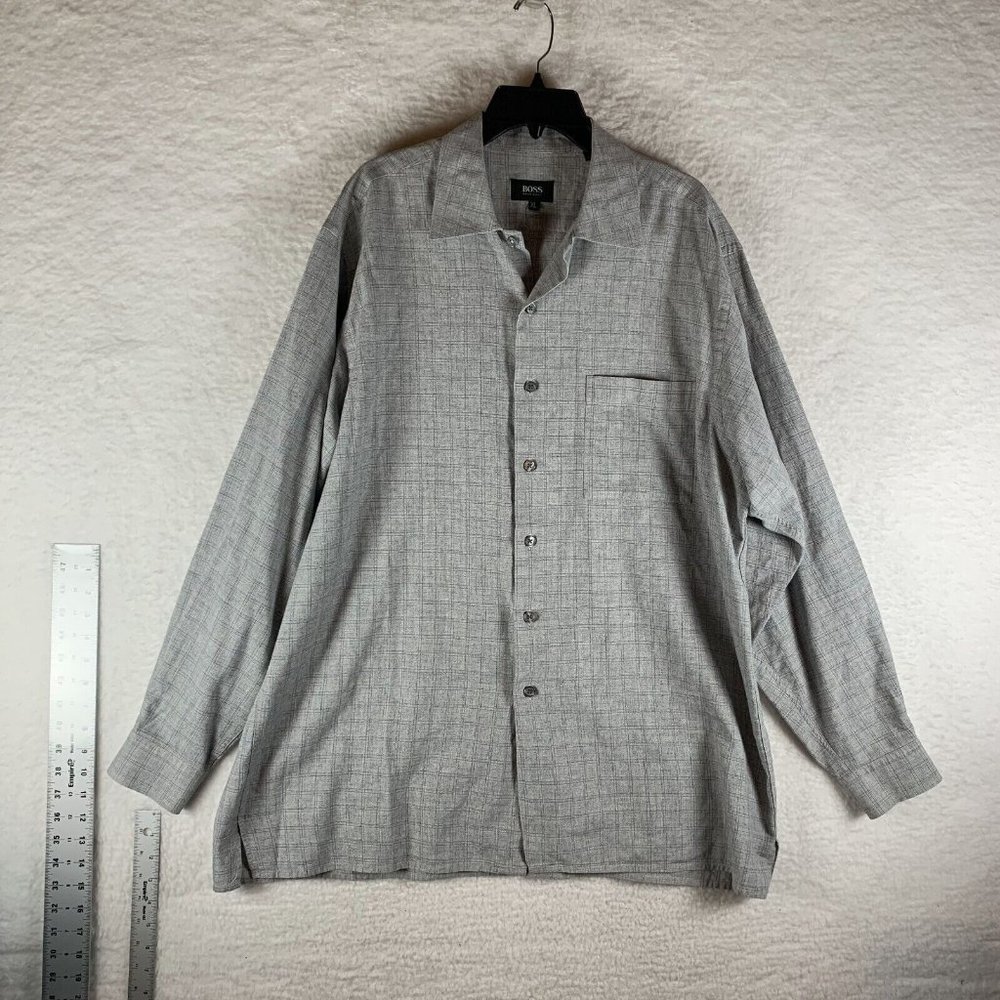 HUGO BOSS Shirt Men's XL Gray Check 100% Cotton Collared Casual Button-Up 8413